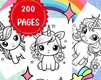 Unicorn Coloring Pages for Kids | 200 Easy Printable Unicorn Sheets | Girls Coloring Book | Fun Activity for Children | Instant Download PDF