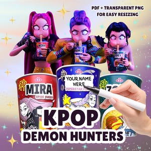 Niestandardowa nazwa K Pop Demon Hunter do druku | Etykiety na makaron Rumi Mira Zoey Ramyeon | Dekoracja na imprezę cosplay z okazji Halloween i urodzin | Fan Art