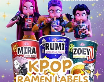 3 KPop Demon Hunters Cup Noodle Labels Ramen | Rumi Mira Zoey Printable | Cosplay Party Decor Halloween Birthday Fun | Demon Hunter Fan Art