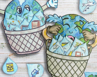 Earth Day Kids Craft, Happy Earth Sad Earth Coloring & Sorting Activity,  Printable Earth Day Classroom Supplies, April Craftivity Preschool