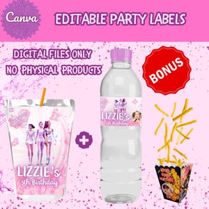 Aangepaste demonenjagers water- en saplabel feestprintables |  Huntrix-feestartikelen voor meisjes bewerkbare canvassjablonen | KPop-verjaardagsbenodigdheden