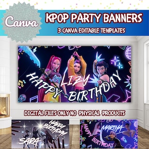 Editable K-pop Demons Hunter Happy Birthday Banner | Custom KPop Demons Hunter Party Backdrop Printable | KPop Anime Party Decor Fan Art