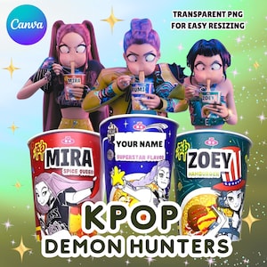 Canva Editable Custom Name KPop Demon Hunters | Rumi Mira Zoey Noodle Ramyeon Labels | Cosplay Party Decor Halloween Birthday Fun | Fan Art