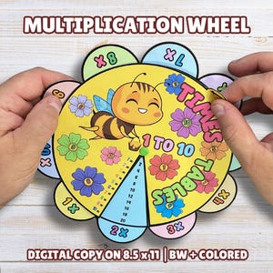 May include: A paper multiplication wheel featuring a yellow centre with a cartoon bee, the text "TIMES TABLES 1 TO 10", and colourful flower graphics. The wheel has rotating outer tabs labelled with multiplication factors and a central wedge showing products.