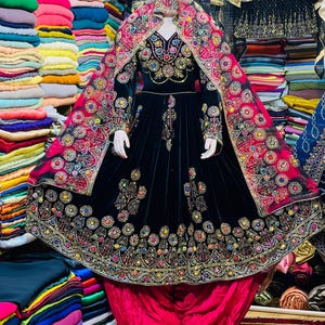 Embroidered Afghan Velvet Dress: 3-Piece Qamees, Shalwar, Dupatta