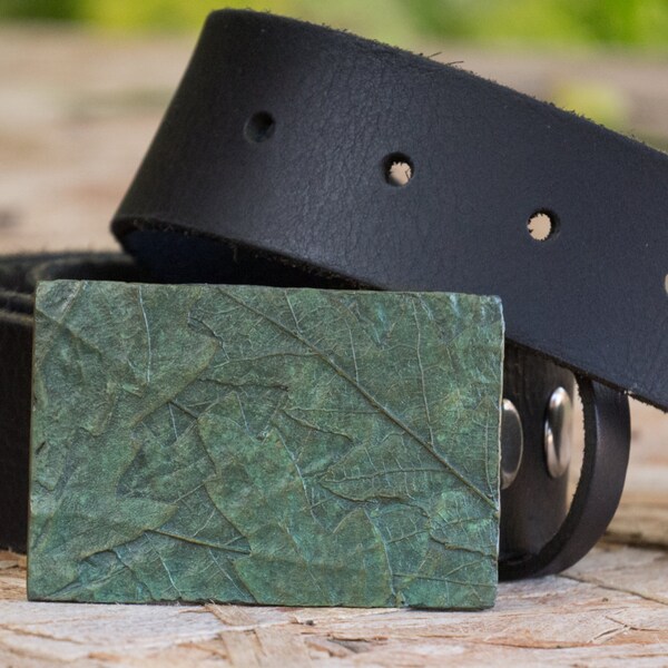 Solid Bronze Belt Buckle - Oak Leaves With Strap, Green Patina