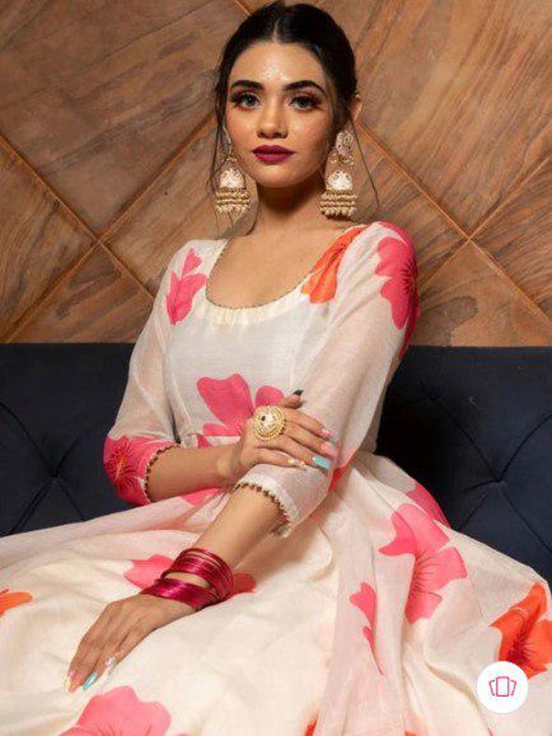 Women's Ethnic White Floral Anarkali Kurta Set with Dupatta