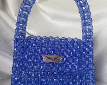 Handmade Blue Beaded Bag, Luxury Crystal Evening Bag