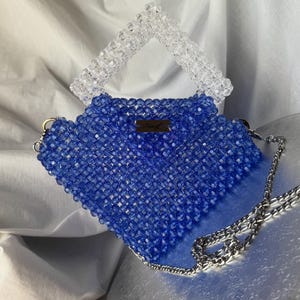 Blue Beaded Bag, Diamond Like Purse, Transparent Glass Beads, Handmade Evening Clutch, Sparkly Beadwork Gift for Here, Blue handmade bag
