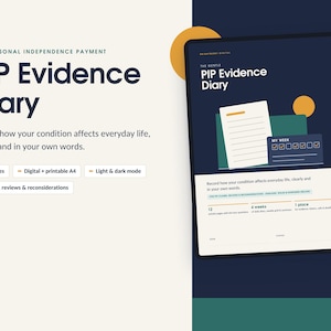 May include: A digital PIP Evidence Diary document featuring a dark blue cover with white text that reads PIP Evidence Diary. The layout includes a white page graphic, a checklist box, and text detailing 29 pages, A4 size, and light and dark modes.