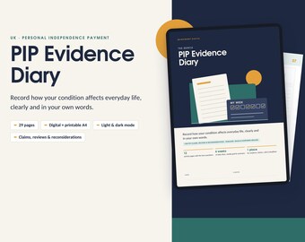 May include: A digital PIP Evidence Diary document featuring a dark blue cover with white text that reads PIP Evidence Diary. The layout includes a white page graphic, a checklist box, and text detailing 29 pages, A4 size, and light and dark modes.