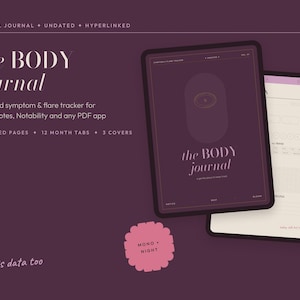 May include: A digital journal titled the BODY journal, an undated symptom and flare tracker for PDF apps. The display shows a dark purple cover with a central eye icon and a second screen showing a light-colored interior page with monthly tabs.
