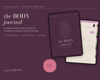 May include: A digital journal titled the BODY journal, an undated symptom and flare tracker for PDF apps. The display shows a dark purple cover with a central eye icon and a second screen showing a light-colored interior page with monthly tabs.