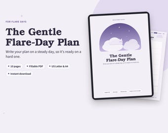 May include: A digital planner titled The Gentle Flare-Day Plan featuring a purple graphic of a cat sleeping on a cloud under a starry night sky. The document includes 10 pages, is a fillable PDF, and is available in US Letter and A4 sizes for download.