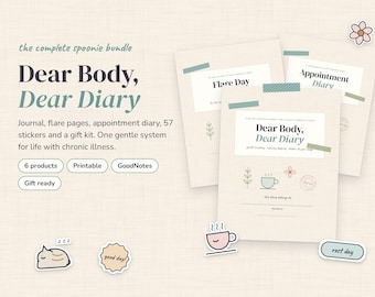 May include: A digital bundle titled Dear Body, Dear Diary featuring a journal, flare pages, and appointment diary. Includes 57 stickers, a gift kit, and printable or GoodNotes files. The design uses soft beige tones with green and pink accents.