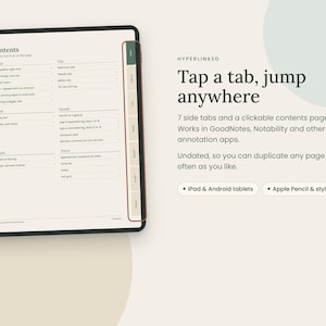 May include: A digital planner displayed on a tablet screen featuring a contents page with seven side tabs. The text reads: Contents, Tap any line to go to that page, Set up, Day, Week, Month, Crash, Notes, Hyperlinked, Tap a tab, jump anywhere, 7 side tabs and a clickable contents page.