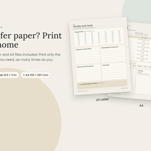 May include: A printable weekly planner template featuring the text 'Weekly look-back' and sections for daily tracking. The document is available in US Letter 8.5 x 11 inches and A4 210 x 297 mm sizes, with a clean layout on a light beige background.