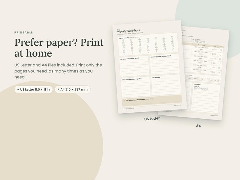 May include: A printable weekly planner template featuring the text 'Weekly look-back' and sections for daily tracking. The document is available in US Letter 8.5 x 11 inches and A4 210 x 297 mm sizes, with a clean layout on a light beige background.