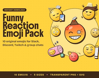 May include: A digital graphic featuring the text "Funny Reaction Emoji Pack" and "10 original emojis for Slack, Discord, Twitch & group chats" on a yellow background. Ten distinct yellow circular emojis display various expressions and actions.