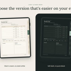 May include: Two digital tablet screens displaying a daily planner template in light and dark modes. The light version features a warm cream background with dark text, while the dark version uses a soft dark gray background with light text.