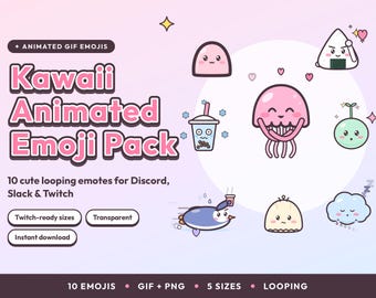 May include: A digital collection of 10 animated GIF emojis featuring cute characters including a pink jellyfish, a boba tea, a sleeping cloud, a penguin, and an onigiri. The text reads Kawaii Animated Emoji Pack, 10 cute looping emotes for Discord, Slack & Twitch.