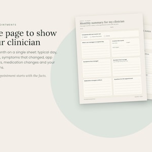 May include: A printable monthly summary form for clinicians featuring sections for symptoms, medication changes, and appointment questions. The document includes text headers like 'Monthly summary for my clinician' and 'One page to show your clinician' in a clean, organized layout.