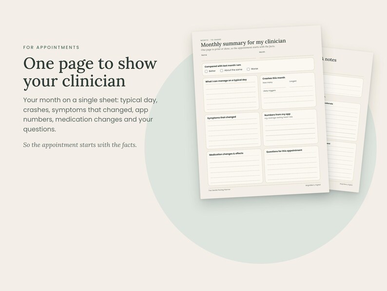 May include: A printable monthly summary form for clinicians featuring sections for symptoms, medication changes, and appointment questions. The document includes text headers like 'Monthly summary for my clinician' and 'One page to show your clinician' in a clean, organized layout.