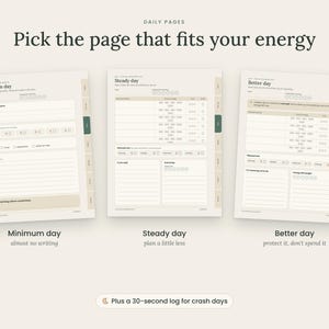 May include: Three digital planner pages titled Minimum day, Steady day, and Better day. Each page features sections for daily tasks, energy tracking, and notes with a neutral color palette. The text reads Pick the page that fits your energy.
