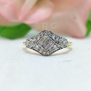 Art Deco Asscher Cut Moissanite Engagement Ring, Vintage Inspired  Gold Plated Band, Halo wedding ring, Antique Style Bridal Jewelry