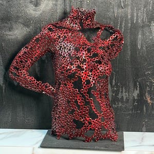 Modern Handmade Sculpture - Female Body Art, Bespoke Statement Piece, Red Metal Sculpture Welded From Steel Nuts with a Stand