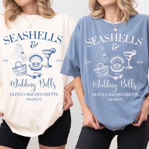 Seashells & Wedding Bells Shirt, Beach Bachelorette Tee, Coastal Bride Crew Shirt, Custom Girls Trip Top, Summer Bride Shirt