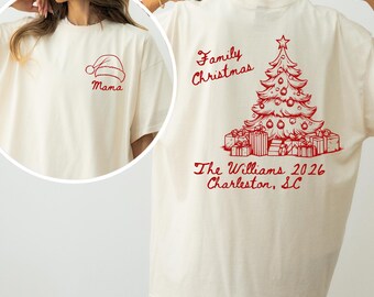 Camiseta familiar de Navidad personalizada, camiseta personalizada con apellido y árbol de Navidad, camisetas navideñas a juego, equipo navideño 2026