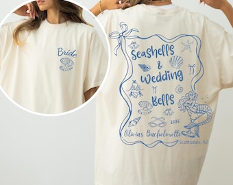 Camiseta de despedida de soltera con conchas y campanas de boda, camiseta de novia estilo sirena playera, camisetas costeras para despedida de soltera, camisetas personalizadas para novia 2026