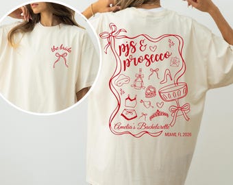 Camisa de despedida de soltera con pijama y prosecco, camiseta acogedora para una noche de spa, top de pijama para dama de honor, regalo personalizado para despedida de soltera.