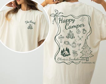 Camiseta de despedida de soltera "Happy Camper", camiseta para despedida de soltera en camping, camiseta para viaje de novia en campamento, camisetas para despedidas de soltera al aire libre, regalos para despedidas de soltera en campamento