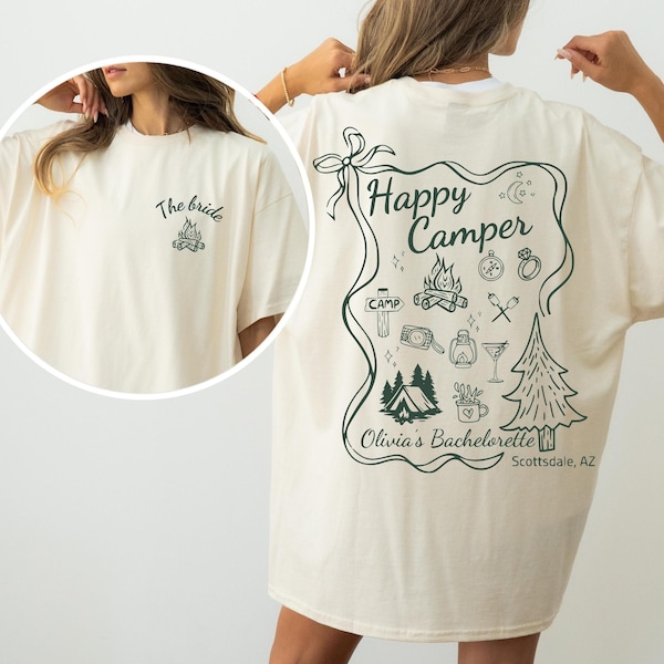 Happy Camper Bachelorette Shirt, Camping Bachelorette Party Tee, Bride Camp Trip Shirt, Outdoors Hen Party Shirts,  Camp Bachelorette Gifts