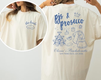 PJs & Prosecco Bachelorette Shirt, Bride Pajama Party Tee, Custom Bachelorette Party Shirt, Bridal Sleepwear Gift