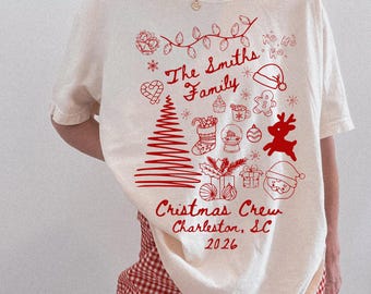 Camisetas navideñas familiares personalizadas, suéteres navideños a juego, camiseta familiar personalizada para Navidad, atuendo navideño 2026, camisetas con nombre personalizado