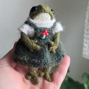 May include: A small, hand-knitted frog figurine featuring a dark green textured body, a white collar, and a dark green dress. The dress is adorned with a small, embroidered red mushroom with white spots on the chest. The frog has black eyes.