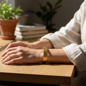 Handmade Gold Textured Brass Cuff Bracelet, Boho Mandala