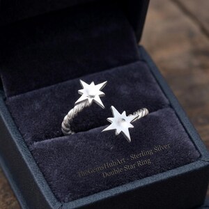 Handmade Sterling Silver Double Star Adjustable Ring, Celestial Twisted Band Ring for Women, Minimalist North Star Bypass Ring, Gift for Her