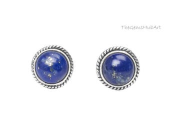 Lapis Lazuli Stud Earrings, 925 Sterling Silver Stud Earrings, Blue Gemstone Round Studs, Minimalist Everyday Jewelry, Women's Gift for Her