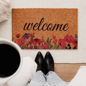 Floral Welcome Doormat – Colorful Flower Front Door Mat for Porch, Patio & Entryway – Outdoor/Indoor Coir Rug Home Decor