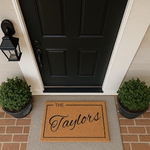 Op de afbeelding: Een zwarte voordeur met een deurmat met de tekst "The Taylors" in cursief. De mat ligt op een grijze vloer, met potplanten aan weerszijden. Links hangt een zwarte lantaarn.