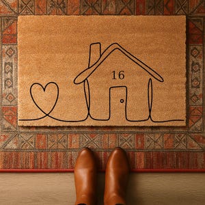 Op de afbeelding: Een rechthoekige deurmat met een zwarte omtrek van een huis en een hart op een beige achtergrond. Het nummer 16 staat in de omtrek van het huis. De mat ligt op een patroonkleed, met bruine laarzen op de voorgrond.