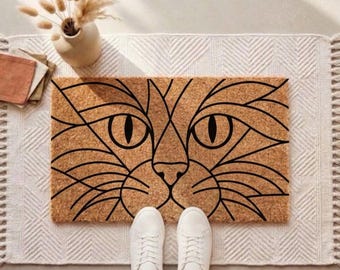 Zerbino minimalista con gatto, tappetino di benvenuto in fibra di cocco con disegno a linee nere.