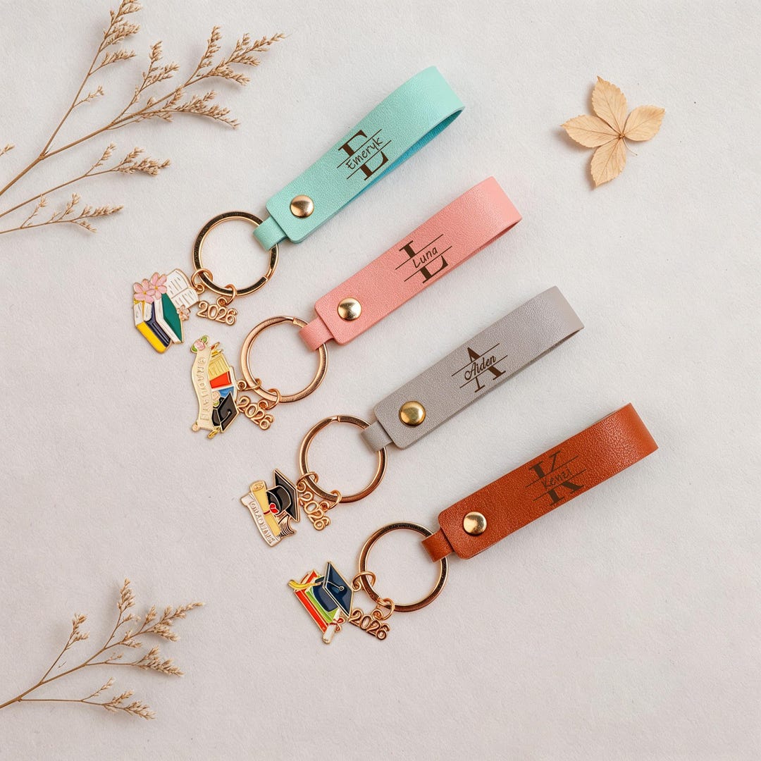 Custom Graduation Keychain 2026, Personalized Leather Wristlet Keychain ...