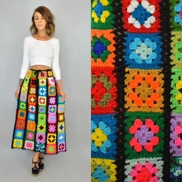 GRANNY SQUARES vtg 70s crochet patchwork boho hippie mod rainbow AFGHAN ooak maxi skirt, small-large