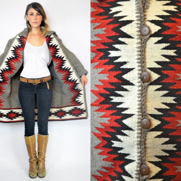 unisex hand loomed NATIVE AMERICAN navajo bohemian ethnic MAXI blanket coat, small-extra large