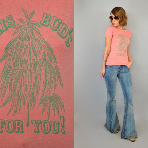 Vtg 70s DEADSTOCK 'This Bud's For You!' MARIJUANA colorado weed t-shirt, extra small-medium